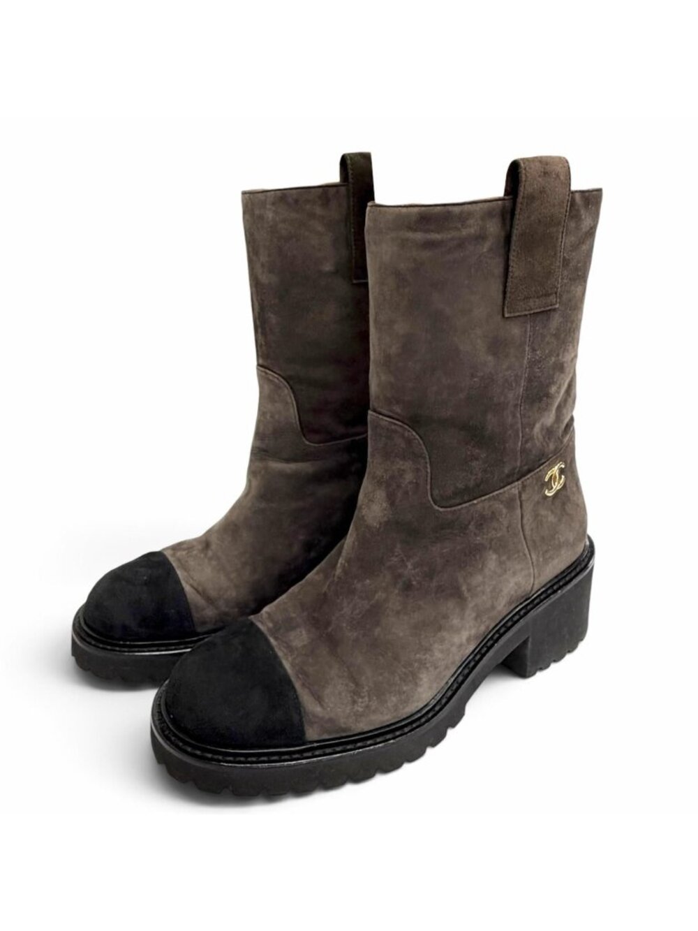Chanel CC Logo Lining Quilted Suede Leather Ankle Boots Short Dark Brown